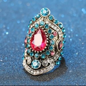 Unique Bohemian Turkish Crystal Statement ring size 8 Ruby and Sapphire